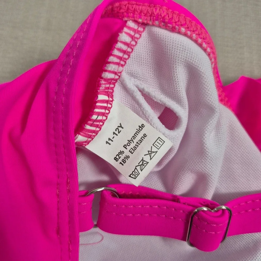 Girls Pink Ruffle One Piece Swimsuit Ric Rac Trim Size 11-12Y